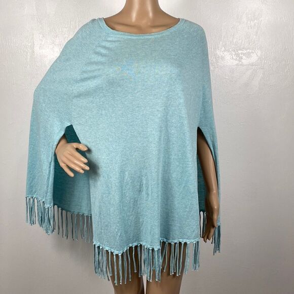 Project Cotton Fringe Aqua Green Color Poncho One Size - Picture 1 of 7